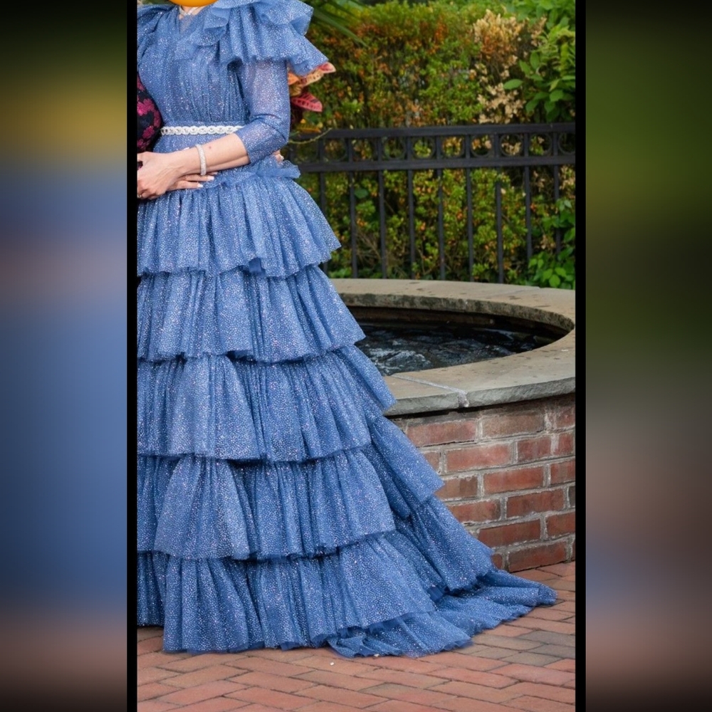 Modest Elegant Blue Ruffled Dress